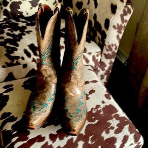 Lucchese snip toe distressed brown leather with turquoise cut outs.